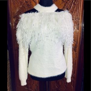 Main Strip warm fuzzy fringe sweater top
